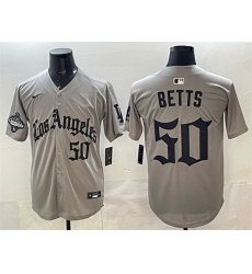 Men's Los Angeles Dodgers #50 Mookie Betts Grey LA Gothic Style With 2025 World Series Champions Limited Stitched Baseball Jersey