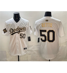 Men's Los Angeles Dodgers #50 Mookie Betts White Gold 2025 World Series Champions Limited Stitched Baseball Jersey