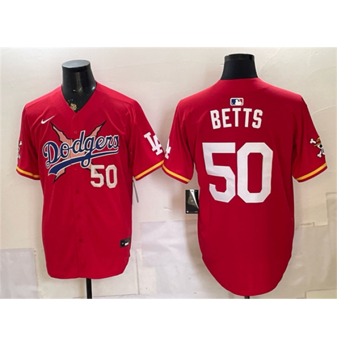 Men's Los Angeles Dodgers x One Piece #50 Mookie Betts Red Vapor Premier Limited Stitched Baseball Jersey