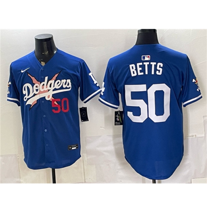 Men's Los Angeles Dodgers x One Piece #50 Mookie Betts Royal Vapor Premier Limited Stitched Baseball Jersey