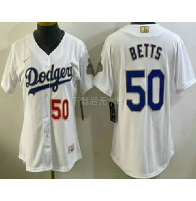Women's Los Angeles Dodgers #50 Mookie Betts White 2026 Gold Collection Stadium Jersey