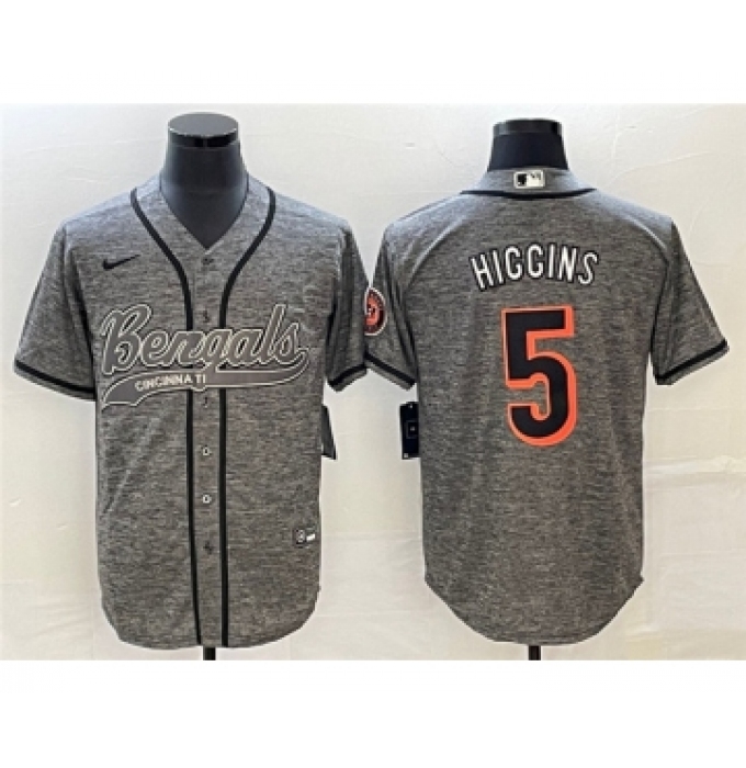 Men's Cincinnati Bengals #5 Tee Higgins Gray Cool Base Stitched Baseball Jersey
