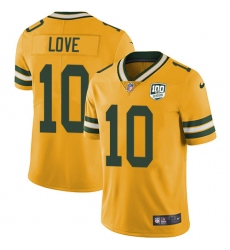Men's Green Bay Packers #10 Jordan Love Yellow 100th Season Stitched NFL Limited Rush Jersey