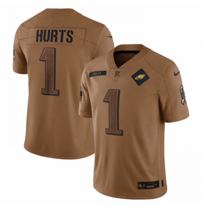 Men's Philadelphia Eagles #1 Jalen Hurts Nike Brown 2023 Salute To Service Limited Jersey