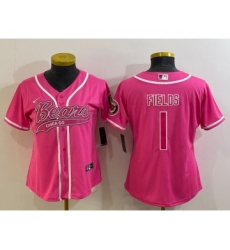 Women's Chicago Bears #1 Justin Fields Pink With Patch Cool Base Stitched Baseball Jersey
