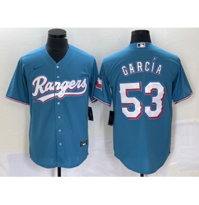 Men's Nike Texas Rangers #53 Adolis Garcia Light Blue Cool Base Stitched Baseball Jersey