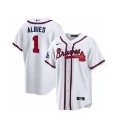 Men's Atlanta Braves #1 Ozzie Albies 2021 White World Series Champions Cool Base Stitched Jersey