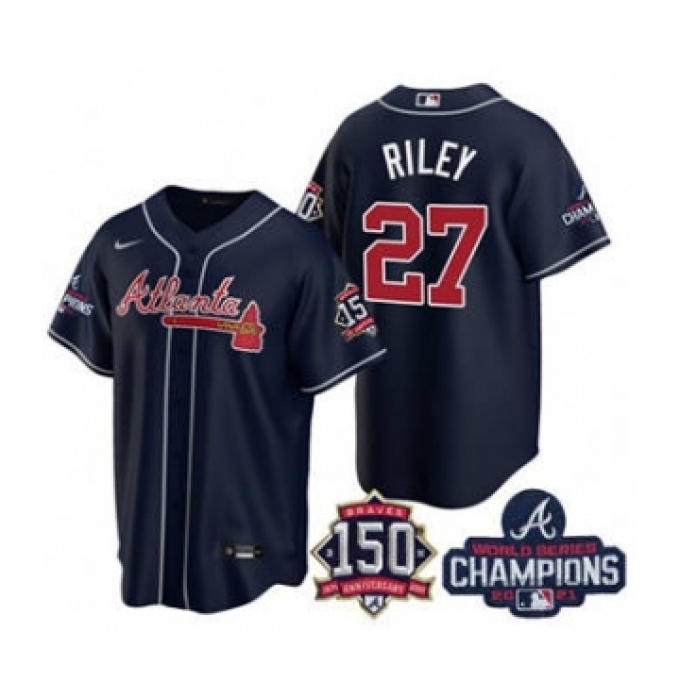 Men's Atlanta Braves #27 Austin Riley 2021 Navy World Series Champions With 150th Anniversary Patch Cool Base Stitched Jersey