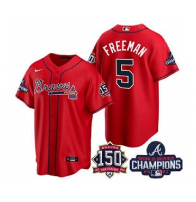 Men's Atlanta Braves #5 Freddie Freeman 2021 Red World Series Champions With 150th Anniversary Patch Cool Base Stitched Jersey