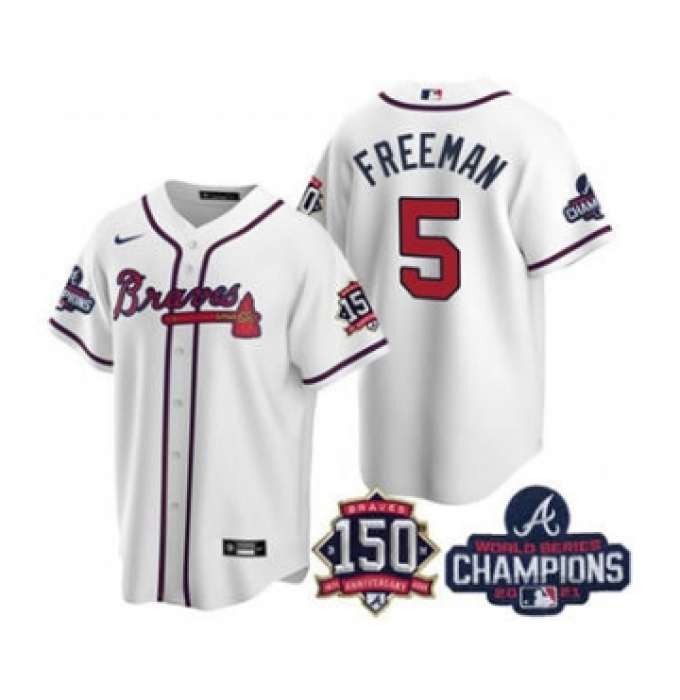 Men's Atlanta Braves #5 Freddie Freeman 2021 White World Series Champions With 150th Anniversary Patch Cool Base Stitched Jersey