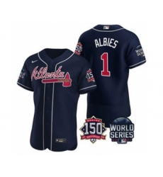 Men's Atlanta Braves #1 Ozzie Albies 2021 Navy World Series Flex Base With 150th Anniversary Patch Baseball Jersey