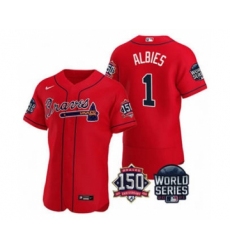 Men's Atlanta Braves #1 Ozzie Albies 2021 Red World Series Flex Base With 150th Anniversary Patch Baseball Jersey