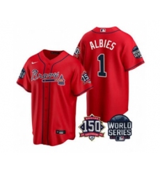 Men's Atlanta Braves #1 Ozzie Albies 2021 Red World Series With 150th Anniversary Patch Cool Base Baseball Jersey