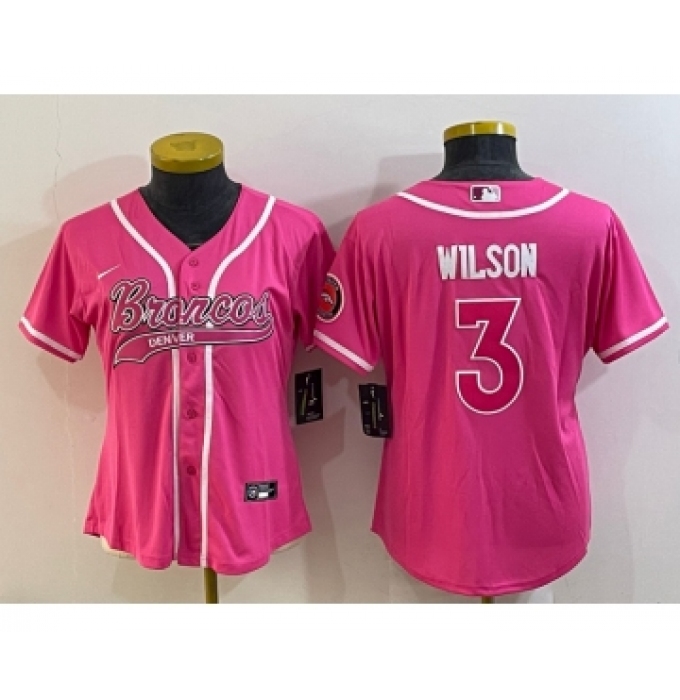 Women's Denver Broncos #3 Russell Wilson Pink With Patch Cool Base Stitched Baseball Jersey