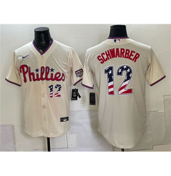 Men's Philadelphia Phillies #12 Kyle Schwarber Cream USA 250 Fourth of July Home Stitched Baseball Jersey