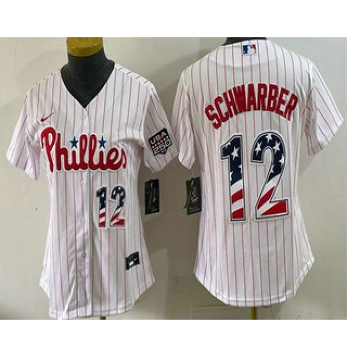 Women's Philadelphia Phillies #12 Kyle Schwarber White USA 250 Fourth of July Home Stitched Jersey