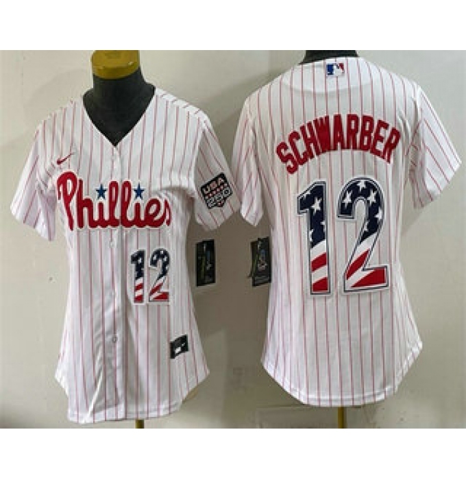 Youth Philadelphia Phillies #12 Kyle Schwarber White USA 250 Fourth of July Home Stitched Jersey
