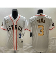 Mens Houston Astros #3 Jeremy Pena 2023 White Gold World Serise Champions Cool Base Stitched Jersey
