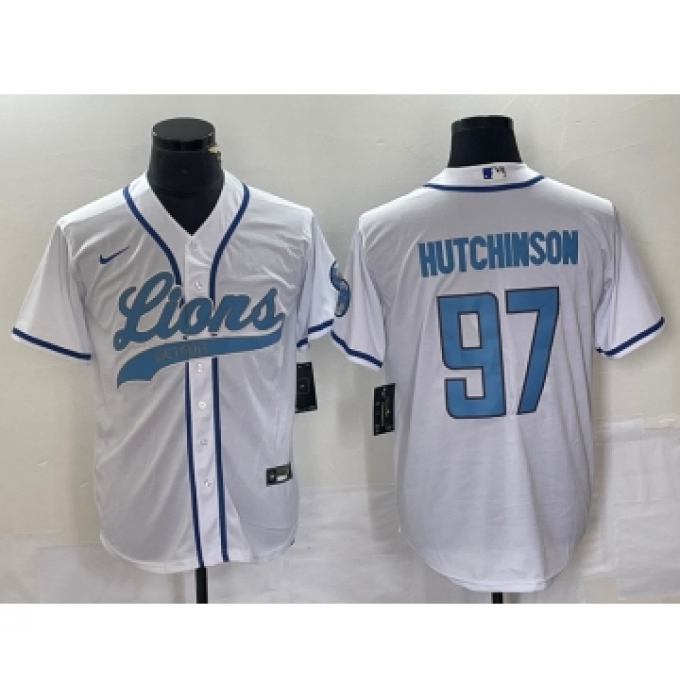 Men's Nike Detroit Lions #97 Aidan Hutchinson White Cool Base Stitched Baseball Jersey