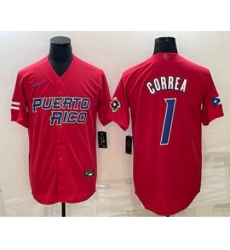 Men's Puerto Rico Baseball #1 Carlos Correa 2023 Red World Baseball Classic Stitched Jerseys