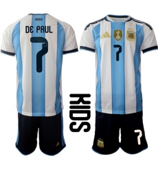 Youth Argentina #7 DE PAUL National Team FIFA x World Cup 2026 Home White On Field Kids Jersey