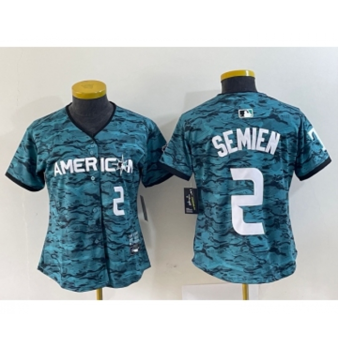 Women's Texas Rangers #2 Marcus Semien Number Teal 2023 All Star Stitched Baseball Jersey