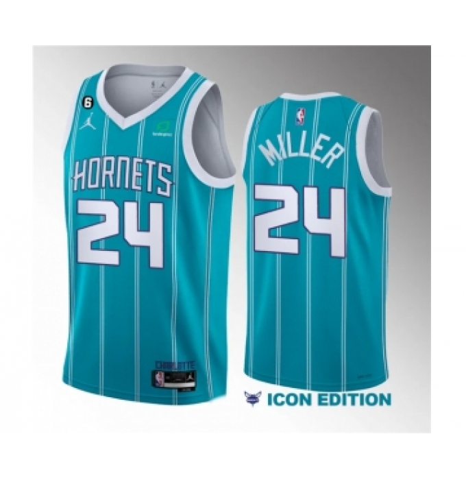 Men's Charlotte Hornets #24 Brandon Miller Blue 6 Sponsor 2023 Icon Edition Stitched Jersey