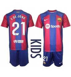 Youth Barcelona #21 F.De Jong Blue Red 2023-24 Home Soccer Jersey