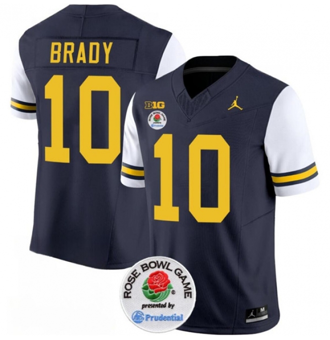 Men's Michigan Wolverines #10 Tom Brady 2023 F.U.S.E. Navy White Rose Bowl Stitched Jersey