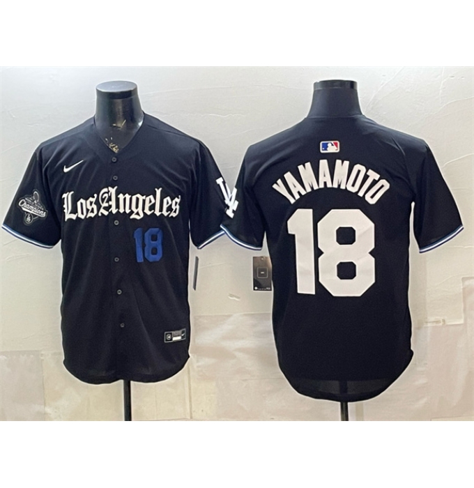 Men's Los Angeles Dodgers #18 Yoshinobu Yamamoto Black 2025 World Series Champions 'Gothic Edition' Vapor Premier Limited Stitched Baseball Jersey