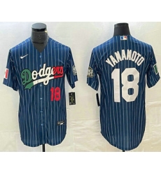 Men's Los Angeles Dodgers #18 Yoshinobu Yamamoto Number Navy Blue Pinstripe Mexico 2020 World Series Cool Base Nike Jersey1