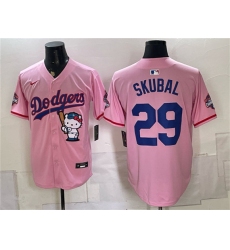 Men's Los Angeles Dodgers #29 Tarik Skubal Pink Hello Kitty Night 2025 World Series Champions Stitched Baseball Jersey