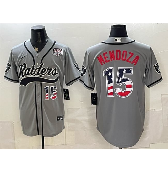 Men's Las Vegas Raiders #15 Fernando Mendoza Gray USA 250 Fourth of July Vapor Limited Stitched Baseball Jersey