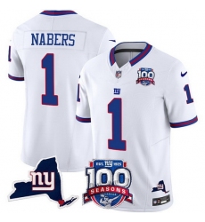 Men's New York Giants 1 Malik Nabers White 2024 F U S E 100th Season And State Vapor Limited Stitched Football Jersey