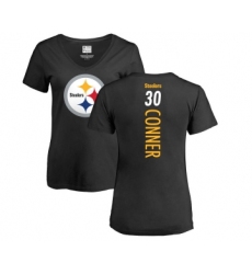 Football Women's Pittsburgh Steelers #30 James Conner Black Name & Number Logo Slim Fit T-Shirt
