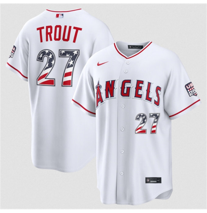 Men's Los Angeles Angels #27 Mike Trout 2026 White USA 250 Fourth of July Home Stadium Stitched Baseball Jersey