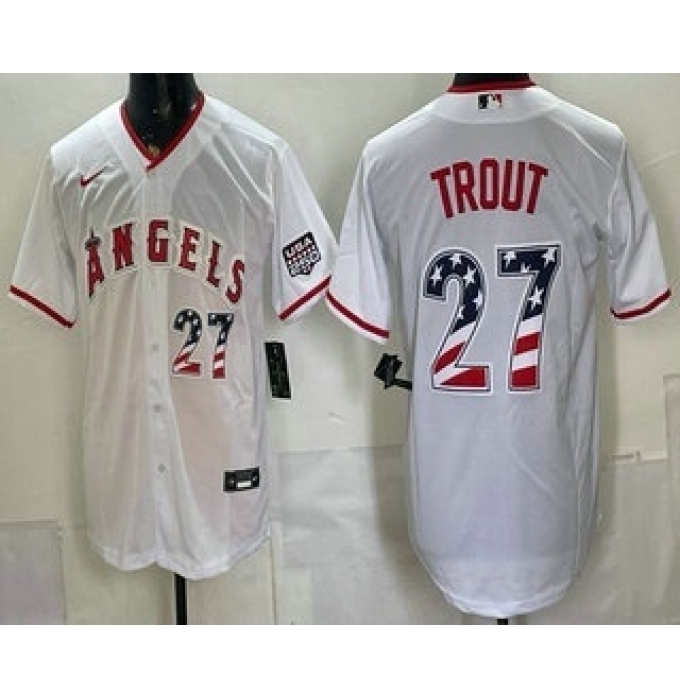 Men's Los Angeles Angels #27 Mike Trout White USA 250 Fourth of July Home Stadium Stitched Jersey