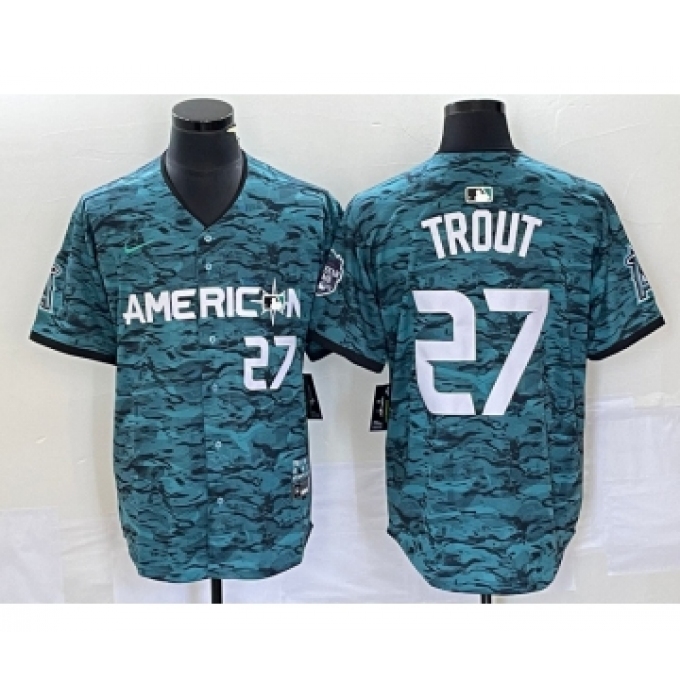 Men's Nike Los Angeles Angels #27 Mike Trout Number Teal 2023 All Star Cool Base Stitched Jersey3