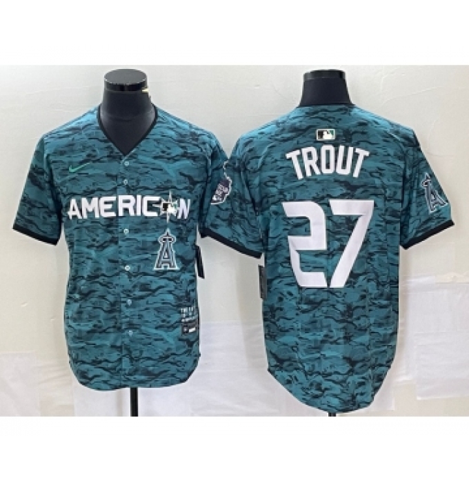 Men's Nike Los Angeles Angels #27 Mike Trout Teal 2023 All Star Cool Base Stitched Jersey1