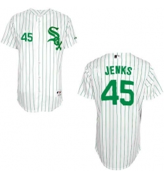 Men's Majestic Chicago White Sox #45 Bobby Jenks Replica White/Green Strip MLB Jersey