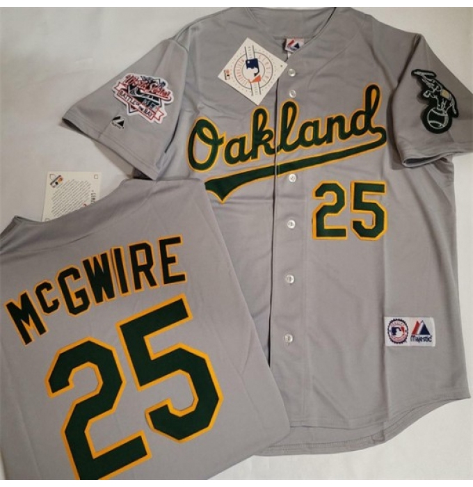 Men's Oakland Athletics #25 Mark McGwire Grey With Green Elephant & 1989 World Series Battle of the Bay Stitched Baseball Jersey