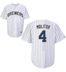 Men's Majestic Milwaukee Brewers #4 Paul Molitor Replica White (blue strip) MLB Jersey