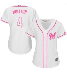 Women's Majestic Milwaukee Brewers #4 Paul Molitor Authentic White Fashion Cool Base MLB Jersey