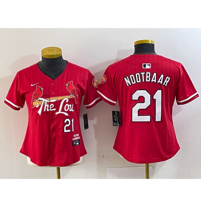 Women's St Louis Cardinals #21 Lars Nootbaar Red 2024 City Connect Limited Stitched Baseball Jersey