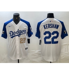 Mens Los Angeles Dodgers #22 Clayton Kershaw Number White Blue Fashion Stitched Cool Base Limited Jersey