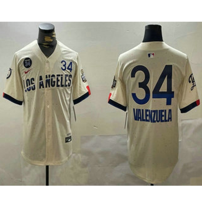 Men's Los Angeles Dodgers #34 Fernando Valenzuela Number Cream 2024 World Series City Connect Limited Stitched Jersey