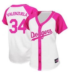 Women's Majestic Los Angeles Dodgers #34 Fernando Valenzuela Authentic White/Pink Splash Fashion MLB Jersey