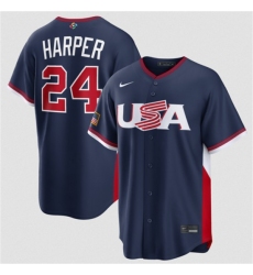 Men's USA Baseball #24 Bryce Harper Navy 2026 World Baseball Classic Road Stadium Stitched Jersey
