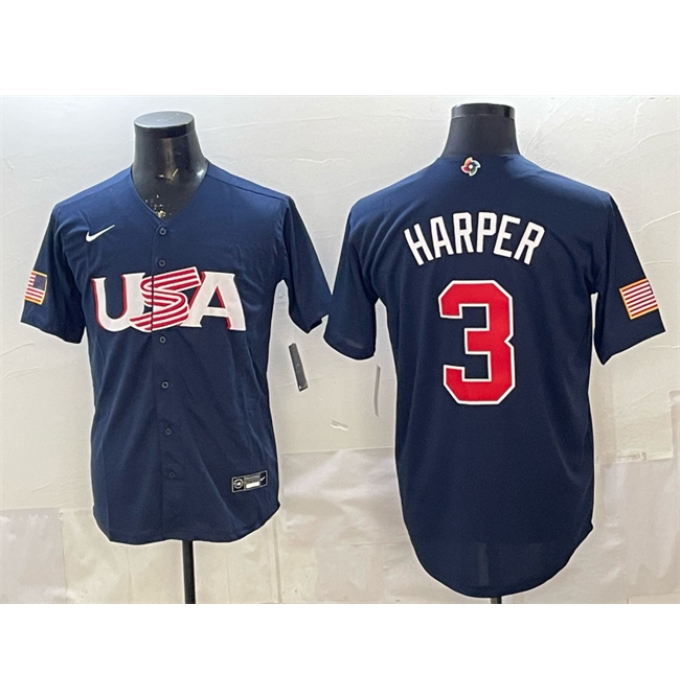 Men's USA Baseball #3 Bryce Harper Navy World Baseball Classic Stitched Jersey
