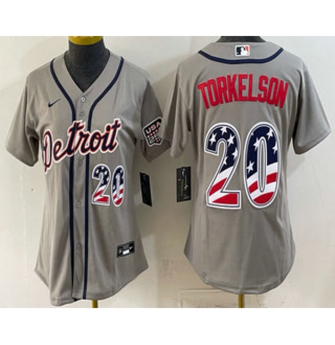 Women's Detroit Tigers #20 Spencer Torkelson Grey 2026 USA 250 Fourth of July Stitched Jersey